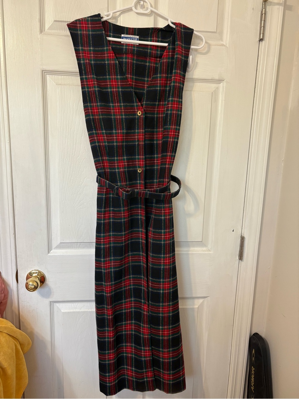 Pendleton 100 Wool Sleeveless Plaid Belted Midi Dress - Red & Green